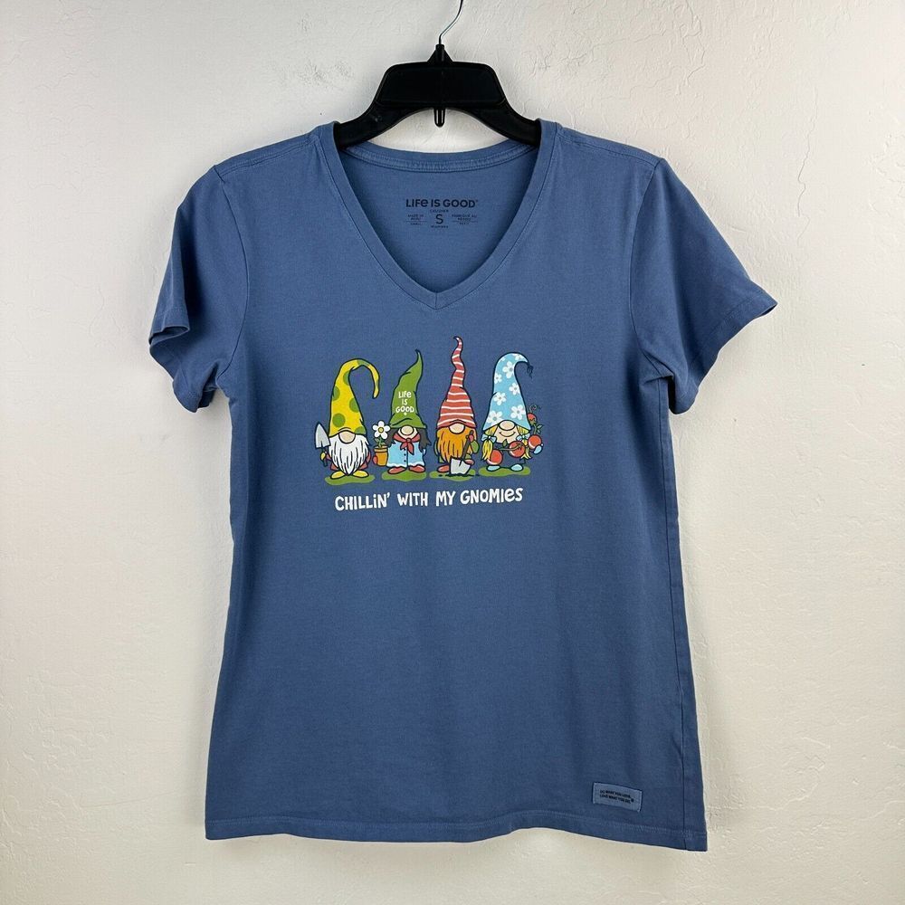 Life Is Good Crusher Tee Womens Small Blue Chillin' With My Gnomies Garden Vneck
